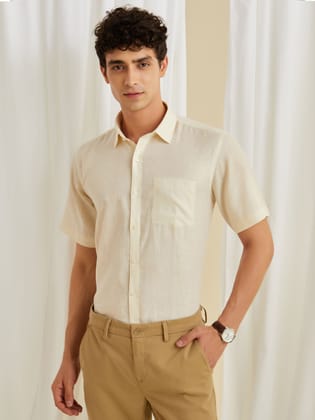 Cream Linens Solid Shirt-M/38