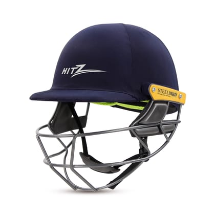 Steelbird Hitz Stainless Steel Premium Cricket Helmet for Men & Boys (Fixed Spring Steel Grill | Light Weight) (Blue Fabric with Green Interior)-Small 560 MM