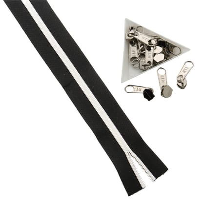 Black With White Nylon Sewing Zippers (2 Meters) Size 1.38 Inch No:5 / 35 MM and 10 Pieces Steel Zip Pulls Runners Fasteners For Bags And Accessories-Zipper 2 Meters + Pullers 10 Pieces