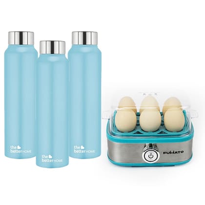 The Better Home FUMATO Eggwhiz Electric Egg Boiler 210W 6 Egg Boiler Light Blue  Stainless Steel Water Bottle 1 Litre Pack Of 3 Blue-The Better Home FUMATO Eggwhiz Electric Egg Boiler 210W 6 Egg 