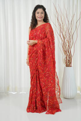 Multi Color Thread Tepchi Work Chikankaari Saree-Red