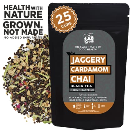 The Tea Trove Jaggery Organic Cardamom Tea Loose Leaf, 100% Organic Chai Tea with Cardamom, Rose petals, fennel and Jaggery for Flavorful Hot Tea for Digestion or Iced Masala Chai- (100 gm,25 Cups)