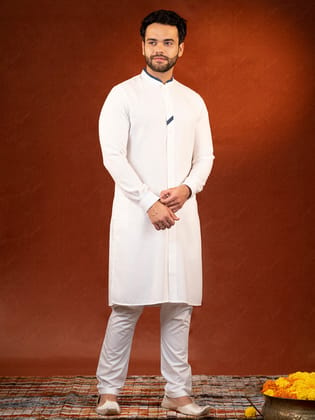 White Cotton Kurta With Denim Detailing Set-XS/36 / Kurta Churidaar Set