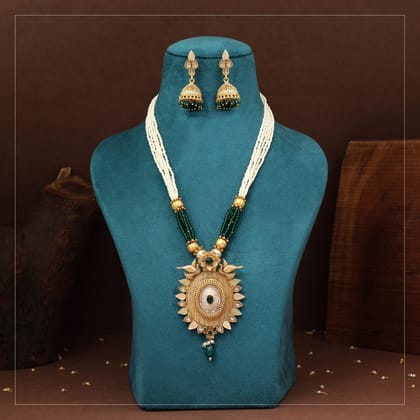 Green Color Matte Gold Rajwadi Temple Necklace Set (TPLN708GRN)-Length: 36.00 CM x Width: 1.00 CM / Green / Alloy With Good Quality Matte Gold Plated