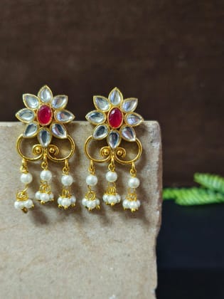 Golden Party Wear Stud Earrings with Pearl Drops & Stone Work | Sarichka-Magenta + White PLK