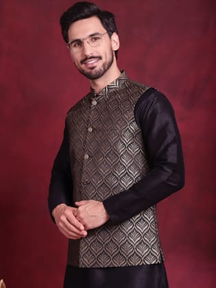 Woven Design Nehru Jacket-S / Golden