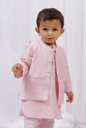 Pink Striped Nehru Cotton Sleeveless Jacket-3-4Y