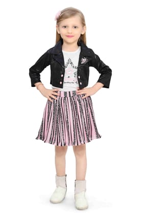 Be:kids Trendy Starlet Girls' Outfit: Faux Leather Jacket and Pleated Pink Skirt Set with Graphic Tee