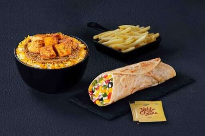 (Serves 2) Veg Pizza Wrap & Paneer Rice Bowl + Fries Meal