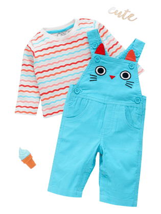 Girls Dungaree - Blue Cat-0-3M