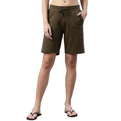 Enamor Relax Bermuda | Knee Length Shorts With Adjustable Waistband & Pockets | E080-Army Green / S