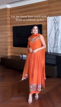 Elegant  Thread work With Sequence Orange Color Long Gown With Shrug-M