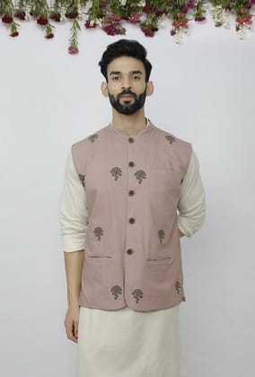 Dusky Brown Cotton Block Print Nehru Jacket-40