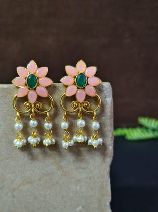 Golden Party Wear Stud Earrings with Pearl Drops & Stone Work | Sarichka-Pink+Green