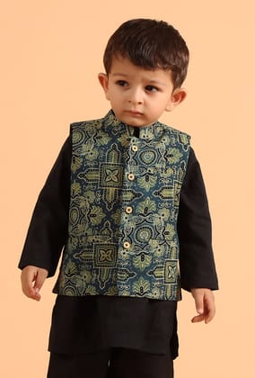 Aadrik Indigo Ajrakh Print Cotton Nehru Jacket-6-9M