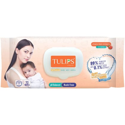 Tulips Sensitive Baby Wet Wipes, Peachfruit Extract (72 Wipes in a lid Pack)