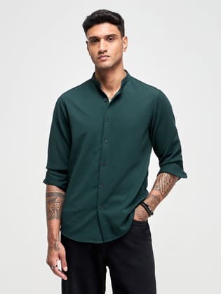 Band Collar Textured Shirt-M/38 / Green