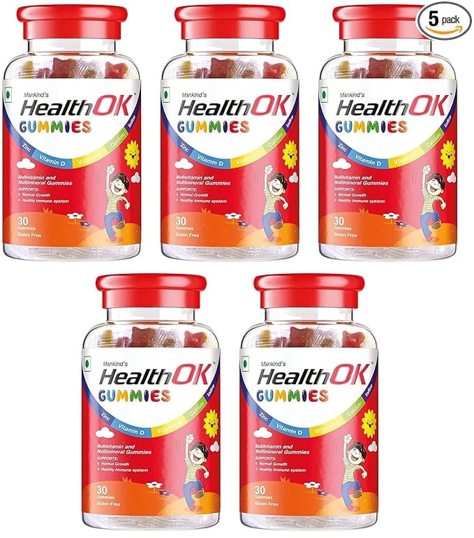 Health Ok Mankind Gummies Multivitamin and Multimineral for Kids Supports Normal Growth Healthy Immune system and Brain Function for 7 -17-year-old Bottle of 30 Gummies x Pack of 5
