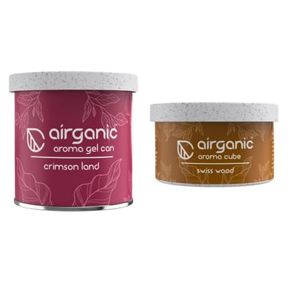 Airganic Aroma Car Freshener Combo Pack  Gel Can Crimson Land & Aroma Cube Swiss Wood air fragrance