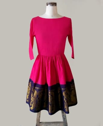 Pink & Navy Blue Fit and Flare Madurai Saree Dress-L / Scoop / Boat / sleeveless