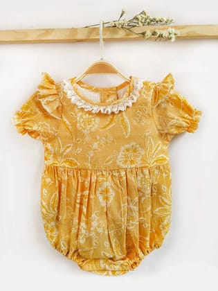 Halemons Honey Bunny Tiny Pleated Baby Girl Romper - Mustard-1-2 yrs