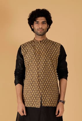 Olive Green Ajrakh Print Cotton Sleeveless Over Lapped Nehru Jacket-40