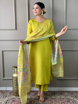 Women  Yellow Viscose Chanderi Embroidered Straight Kurta with pant and dupatta sets-S