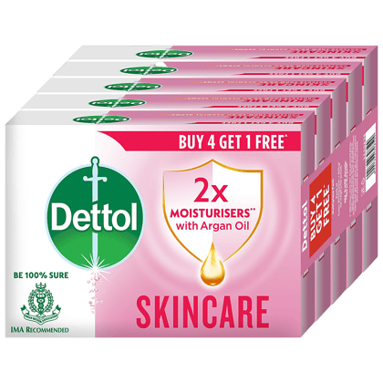 Dettol Skincare Moisturizing Bathing Soap Bar With Glycerine, 125 G Each (Buy 4 Get 1 Free)