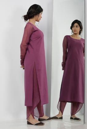 Set of 2: Iya Plain Purple Round Neck Straight Fit Cotton with Kota sleeves Kurta and Plain Purple Cotton Dhoti-XS