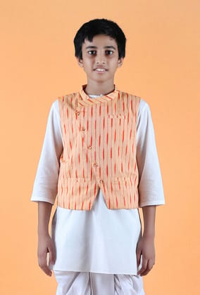 Orange Ikat Cotton Nehru Jacket-6-7Y