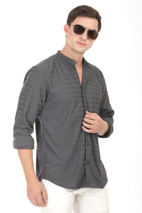 Weave Line Mandarin Collar Shirt - Gray-S