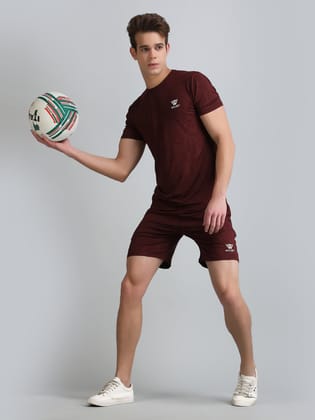 Mens Running Embossed Round Neck T-Shirt & Shorts Combo Set-Maroon / M