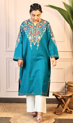 Deep Sea Aari Embroidered Fine Cashmilon Pheran-FREE SIZE