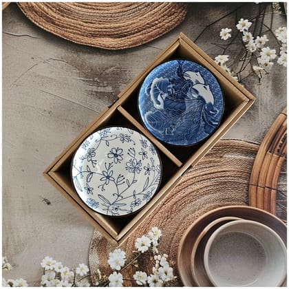 Ceramic - 2 Bowls - Gift Set - Japanese Blue Floral - Rice, Salad, Soup, Fruit Bowl 001