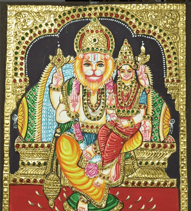 Lakshmi Narasimhar Tanjore painting By Authentic Handcrafting Method (Size 20x16)