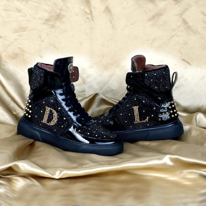 Bespoke "DL" Initial Black and Golden Swarovski Crystal Zardosi Patent Leather Sneakers with Golden Stud by Brune & Bareskin-40/6