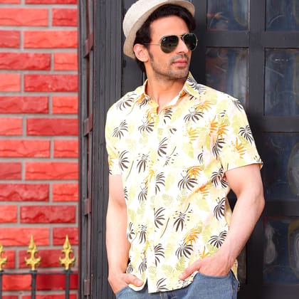 Philodendron Selloum Plant Lemon Casual Pure Linen Half Shirt (Size - S) by BLUE EAGLE
