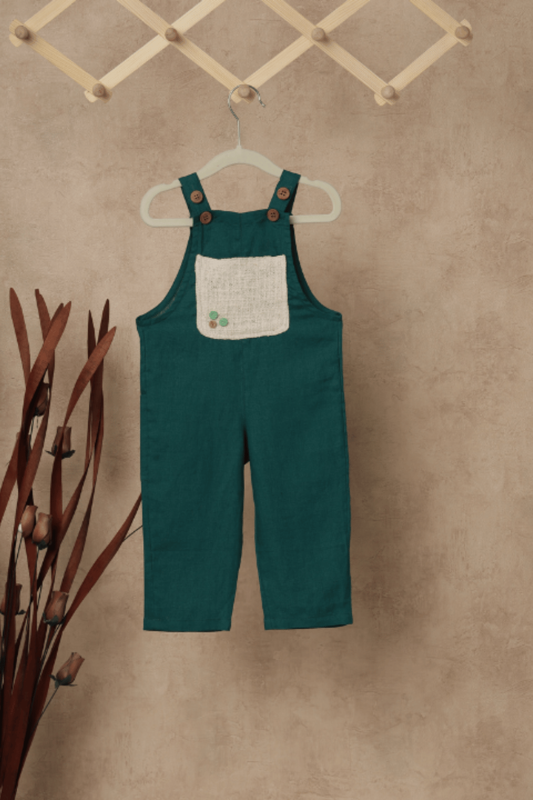 Green Linen Dungaree-0-6 months