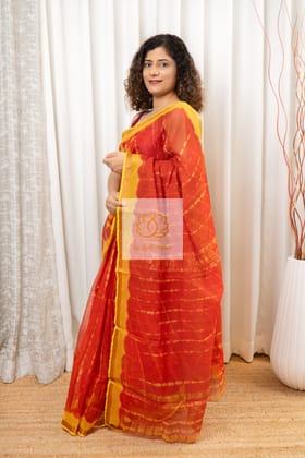 Pure Kota Cotton Hand Tie and Dye Shibori Saree- Red-Yellow