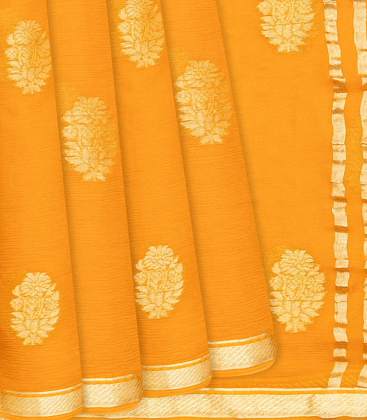 Mango Yellow Mysore Chiffon Silk Saree With Floral Motifs-Mango Yellow-Mango Yellow
