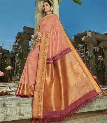 Pink Handloom Natural Dyed Swastik Kamalam Motif Kanchipuram Tissue Silk Saree-Pink