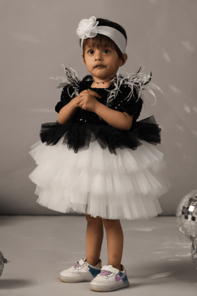 Feathers Adorned Black White Dress-6-12 months
