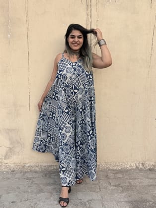 Indigo Tiles Hand Block Printed Floral Flared Jumpsuit-XL/2XL