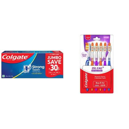 Colgate Strong Teeth Cavity Protection Toothpaste, Colgate Toothpaste With Calcium Boost, 500Gm Saver Pack & Zigzag Toothbrush (Pack Of 6)