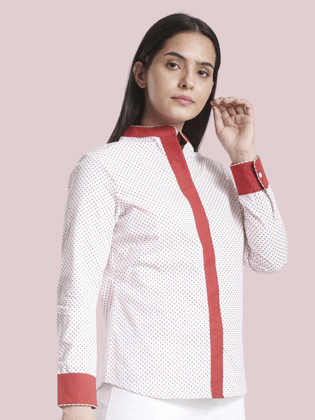 Mandarin Collar Cotton Shirt - White and Red-S