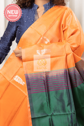 Handwoven Banana Pith Silk Saree- Peachy Orange & Green