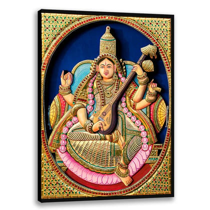 Maa Saraswati Tanjore Art, 3D Effect, Tanjore Wall Art, Tanjore Hindu God Art-8x10 (Framed) inches