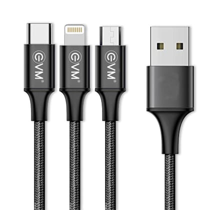 EVM M-3 3in1 Charging Cable (Metal Head Nylon Braided Cable) Android & iPhone - Micro USB, Type-C, 8 Pin(L) - Tangle Free, Black