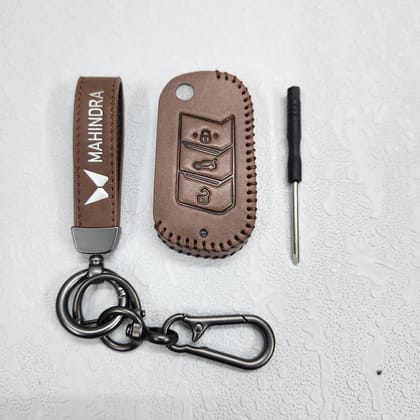 Mahindra XUV700,Scorpio,Thar Luxury Pure Handmade Oilwax Leather Keycase with Logo, Caption, Hook, and Chain-Brown