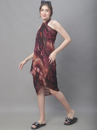 Wine Color Abstract Printed Georgette Beachwear Cover Up Sarong-ONESIZE